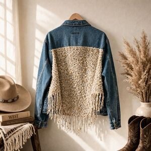 Upcycled Boho Western Jean Jacket Size L/XL Crochet Blanket Back Indie